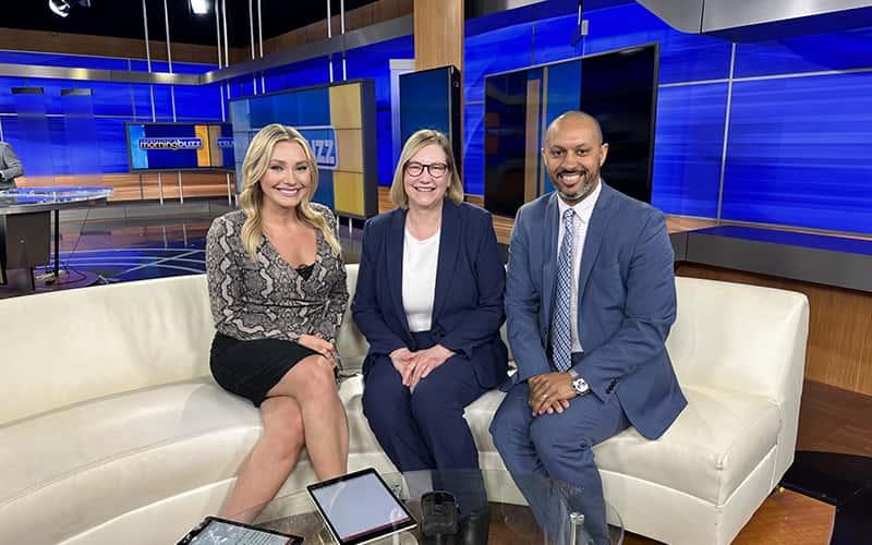 Connecticut’s Morning Buzz host Natasha Lubczenko; Julie Edstrom, vice president of Enrollment Management; and Nilvio Perez, director of First Year Admissions