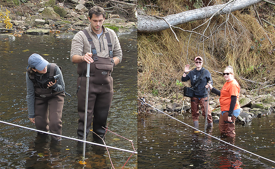 Two photographs of students in waiters while in water taking measurements