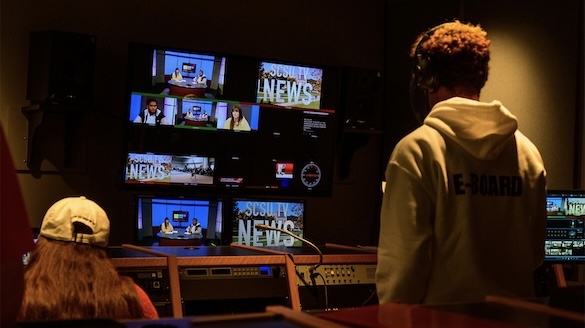 Theatre students in a mock TV studio
