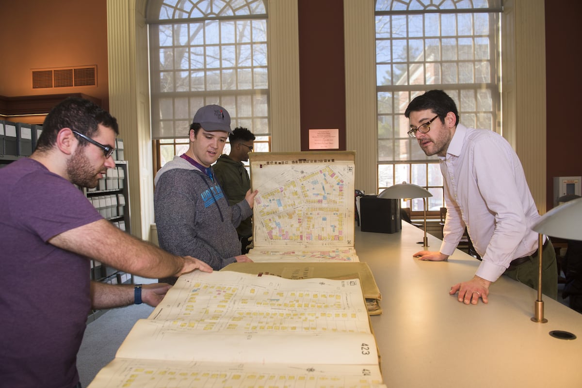Reviewing maps at the library