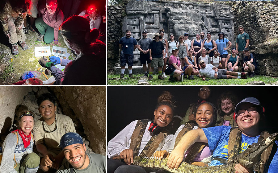 Students with bats, camen, taranchulas and temples, accompanied by teachers in Belize.