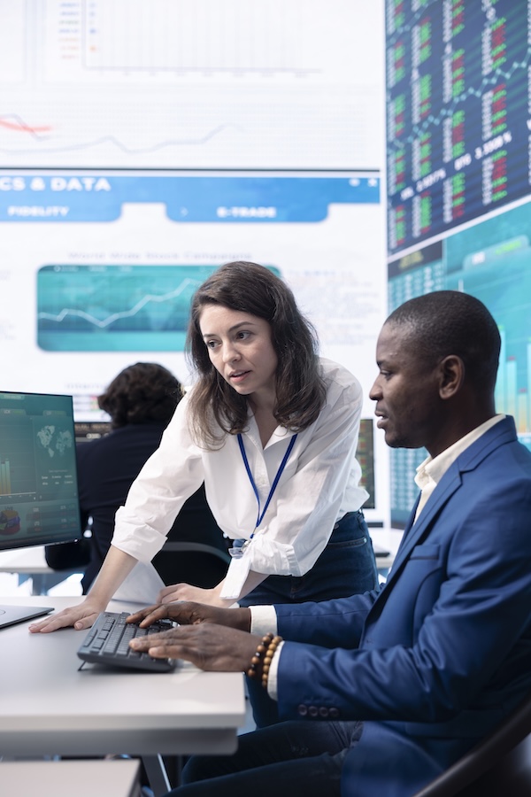Business professionals reviewing a computer