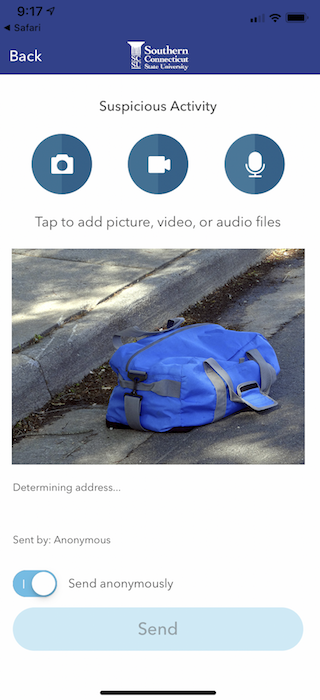 LiveSafe Interface - Image of Suspicious Duffel Bag Being Reported