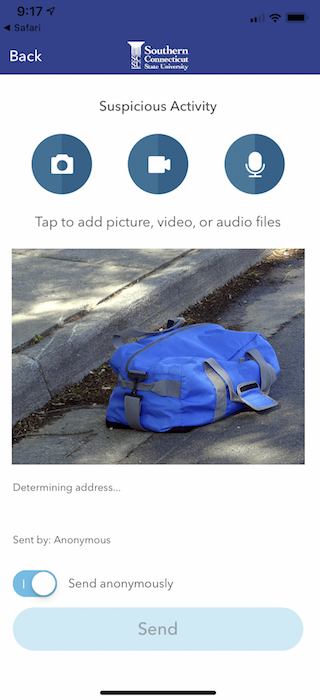 Report Suspicious Activity LiveSafe Interface - Image of Suspicious Duffel Bag Being Reported