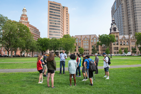 Professor teaches at a park in New Haven Connecticut