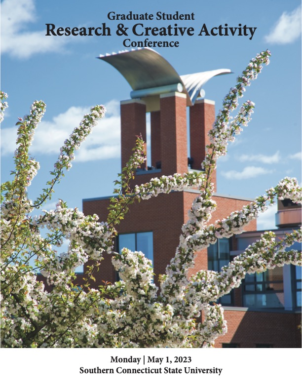 Cover of the 2023 Graduate Student Research & Creative Activity Conference program showing part of Engleman building through a flowery tree