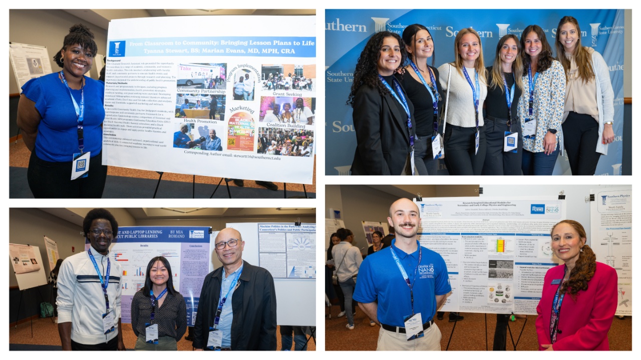 "Collage from graduate conference, images showing students in front of their projects""