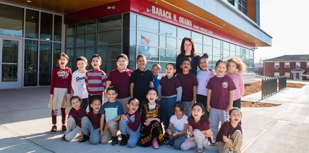 Students and teacher at the Barack H. Obama Magnet University School 