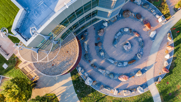 Overhead view of the science building and rock garden