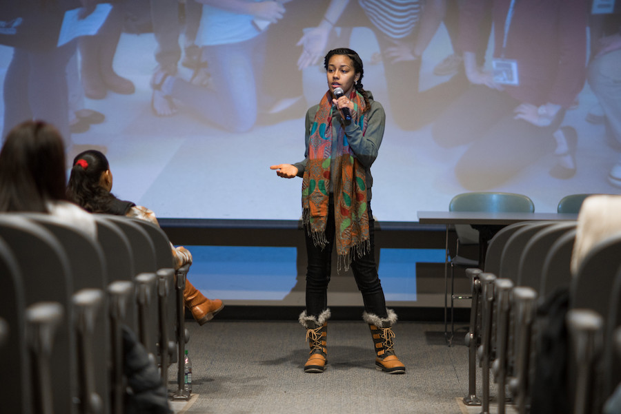 Student with microphone
