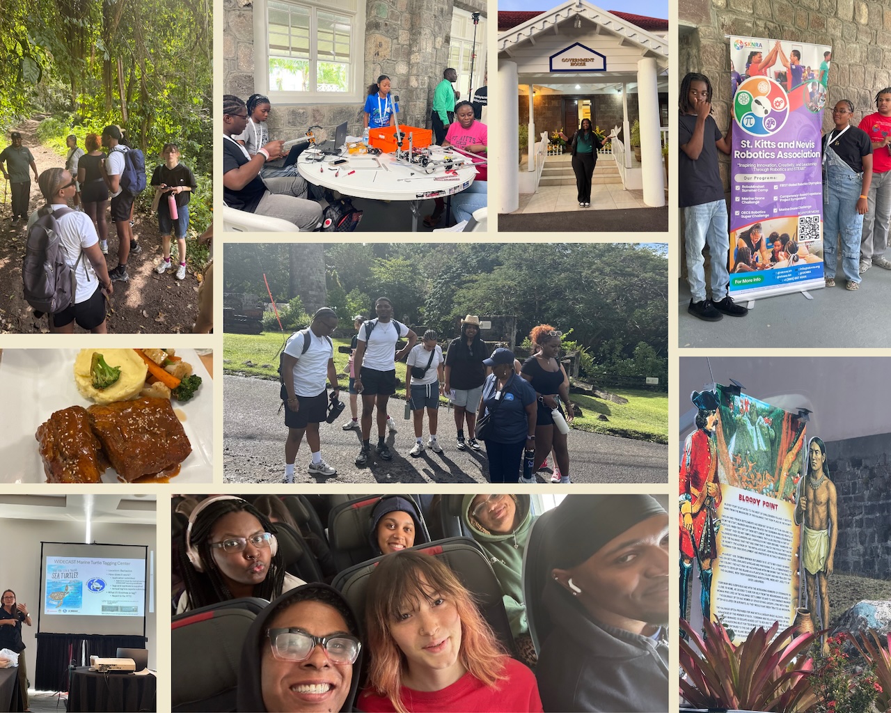 Saint Kitts collage of images including students, and area specific culture like food and art