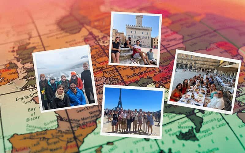 three photos of students abroad set against a background of a map
