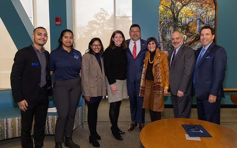 Left to right: SCSU students Wilson Valois and Siddhi Suresh; Albertus Magnus student Amina Khokar; Jennifer Widness, president of the Connecticut Conference of Independent Colleges; CSCU President Terrence Cheng; Rep. Rosa DeLauro; SCSU President Joe Bertolino; and Marc Camille, president of Albertus Magnus College