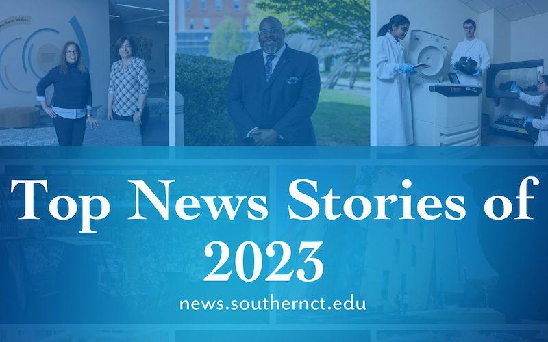 Collage of photos with text - Top News Stories of 2023