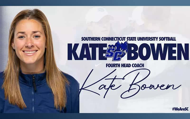 graphic showing a head shot of Kate Bowen with the words "Southern Connecticut State University softball fourth head coach Kate Bowen" 