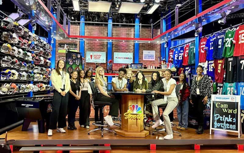 Undergraduate students in the B.S. in sport management program and graduate students in the M.S. in sport and entertainment management program pay a visit to NBC Sports in Stamford, Conn.