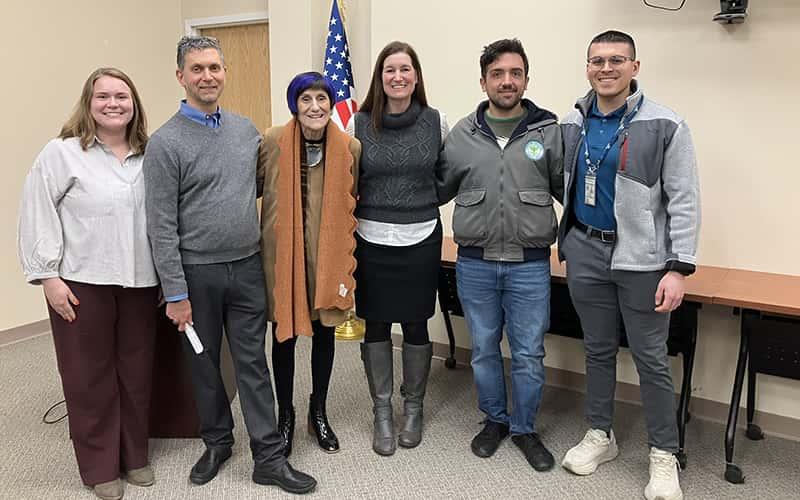 From left: Elisabeth Matuska, BA ’17, MPH ’22; Dr. Michael Pascucilla, BS ’92, director at East Shore Health District and adjunct faculty member; U.S. Rep. Rosa DeLauro; Dr. Deb Risisky, professor of public health; John Saffioti, BS ’18; and Christian Silvernale, BS ’21