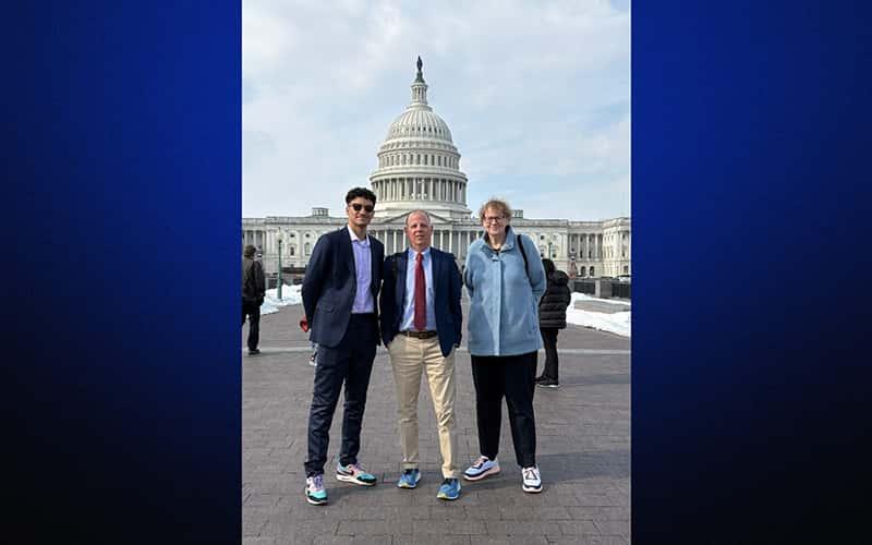 Matthew Montanez (left), a junior in Southern Connecticut State University’s Physical Education Teacher Education program, stands outside the U.S. Capitol with Ed Manfredi (center), Executive Director of CTAPHERD, and Francie Grace (right), co-president of The Children’s Health Market