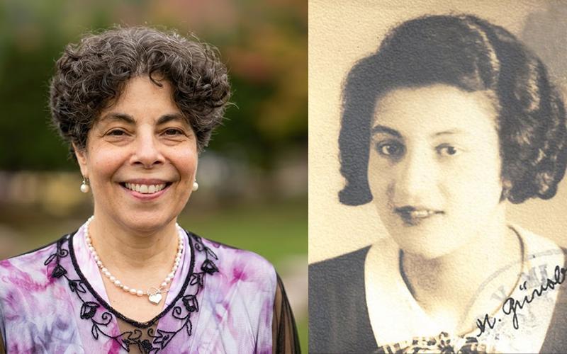 On left, a head shot of Deb Weiss; on right, a vintage photo of Deb Weiss' mother as a young woman in Czechoslovakia