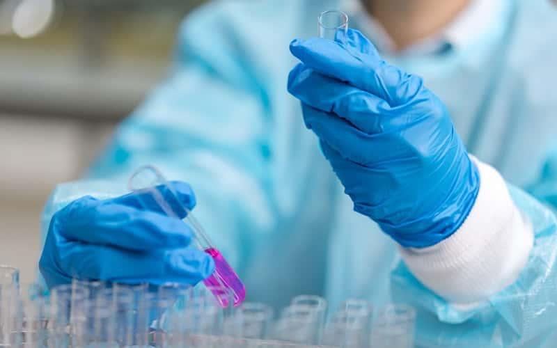 a closeup shot of a person's hands wearing blue lab gloves and holding test tubes