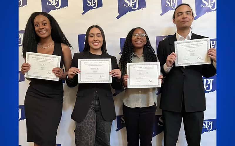 From left: Brianna Wallen, Valentina Toro, Solè Scott, and Brandon Cortés attend the Connecticut Society of Professional Journalists Excellence in Journalism Awards dinner on June 10. Southern students earned three awards in the professional competition and eight awards in the student contest.