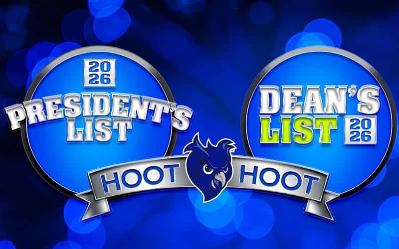 a graphic with a blue background and the words "Dean's List," "President's List," "2026," and "Hoot Hoot"