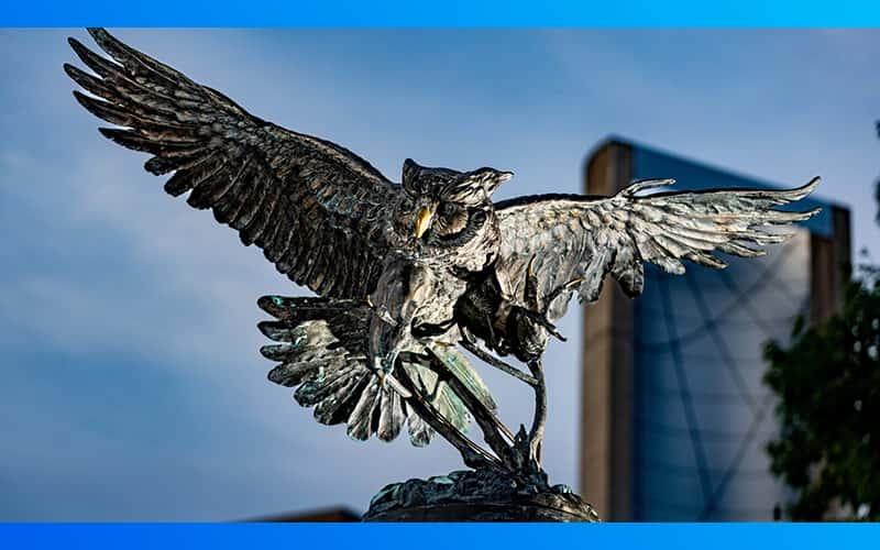 a view of the SCSU owl statue with the Engleman Hall sundial in the background