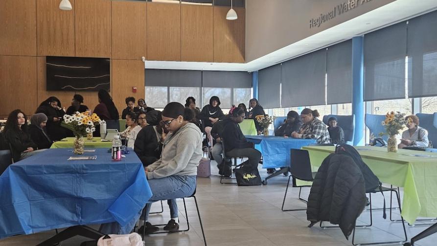 Students at the Business school building