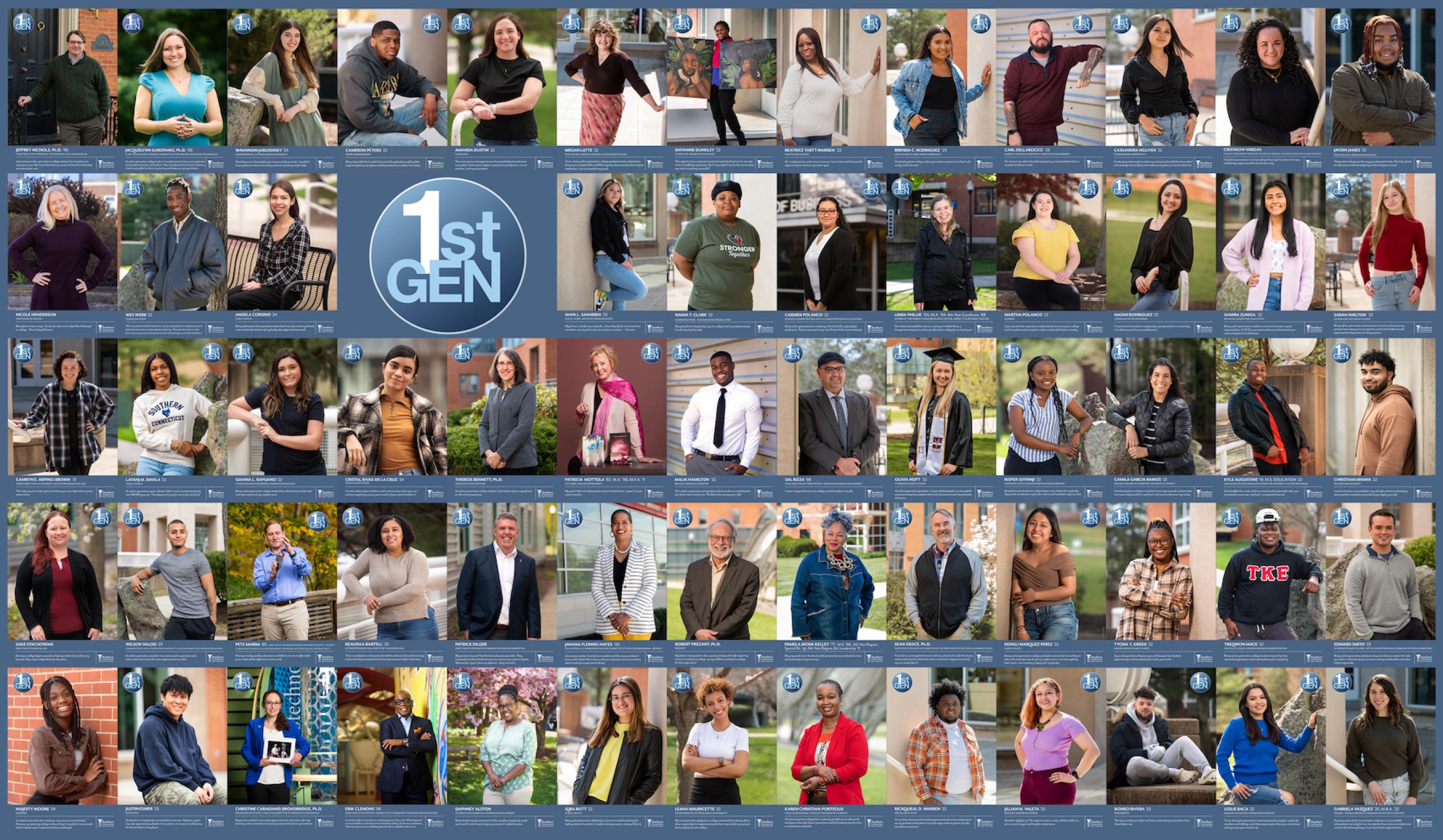 "A collage of images of first generation students, faculty and staff"