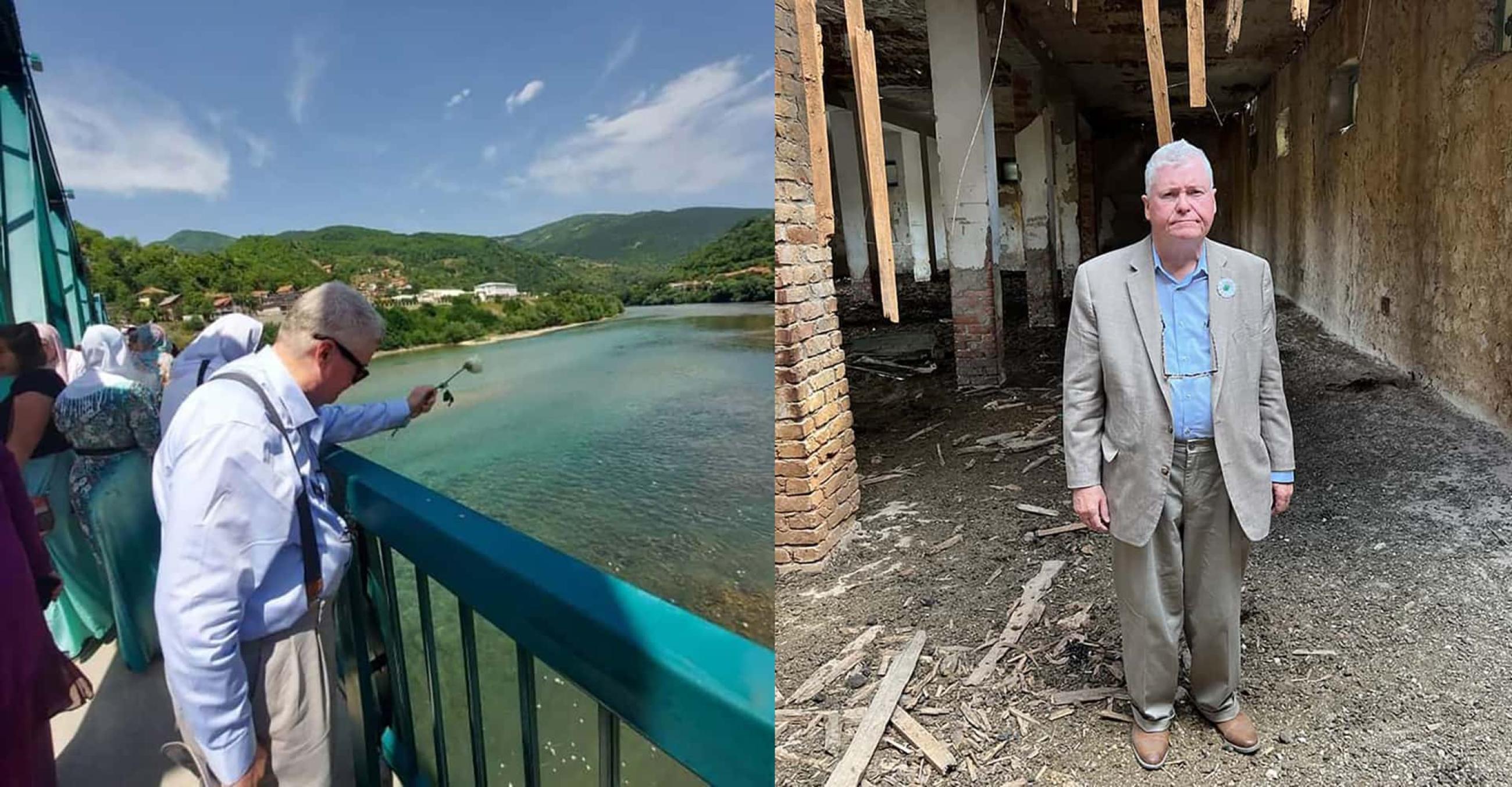 Philosophy Professor David Pettigrew drops roses from a bridge in Foca, Bosnia, in memory of the victims of genocide (on left); and (on right) stands in Barutni magacin, which was an execution site. 