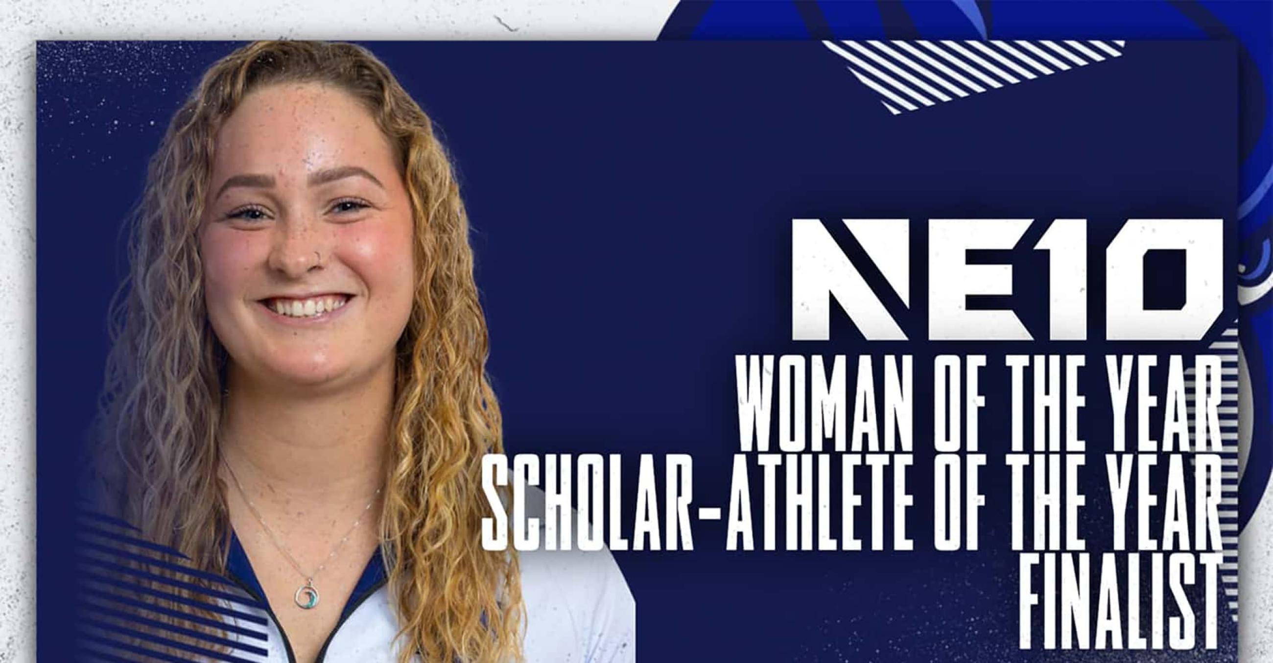 A head shot of Olivia Strelevitz with the text: "NE 10 Woman of the Year, Scholar-Athlete of the Year Finalist"