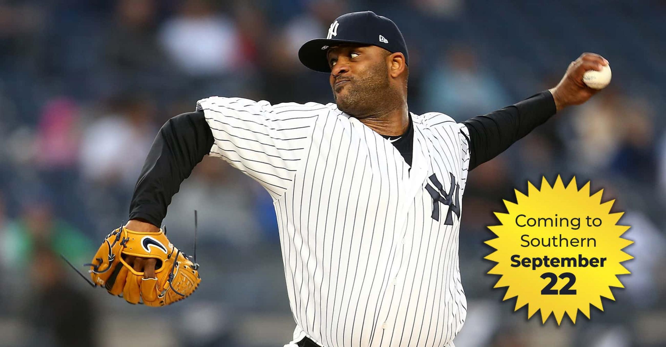 retired NY Yankees pitcher CC Sabathia winds up to pitch a ball