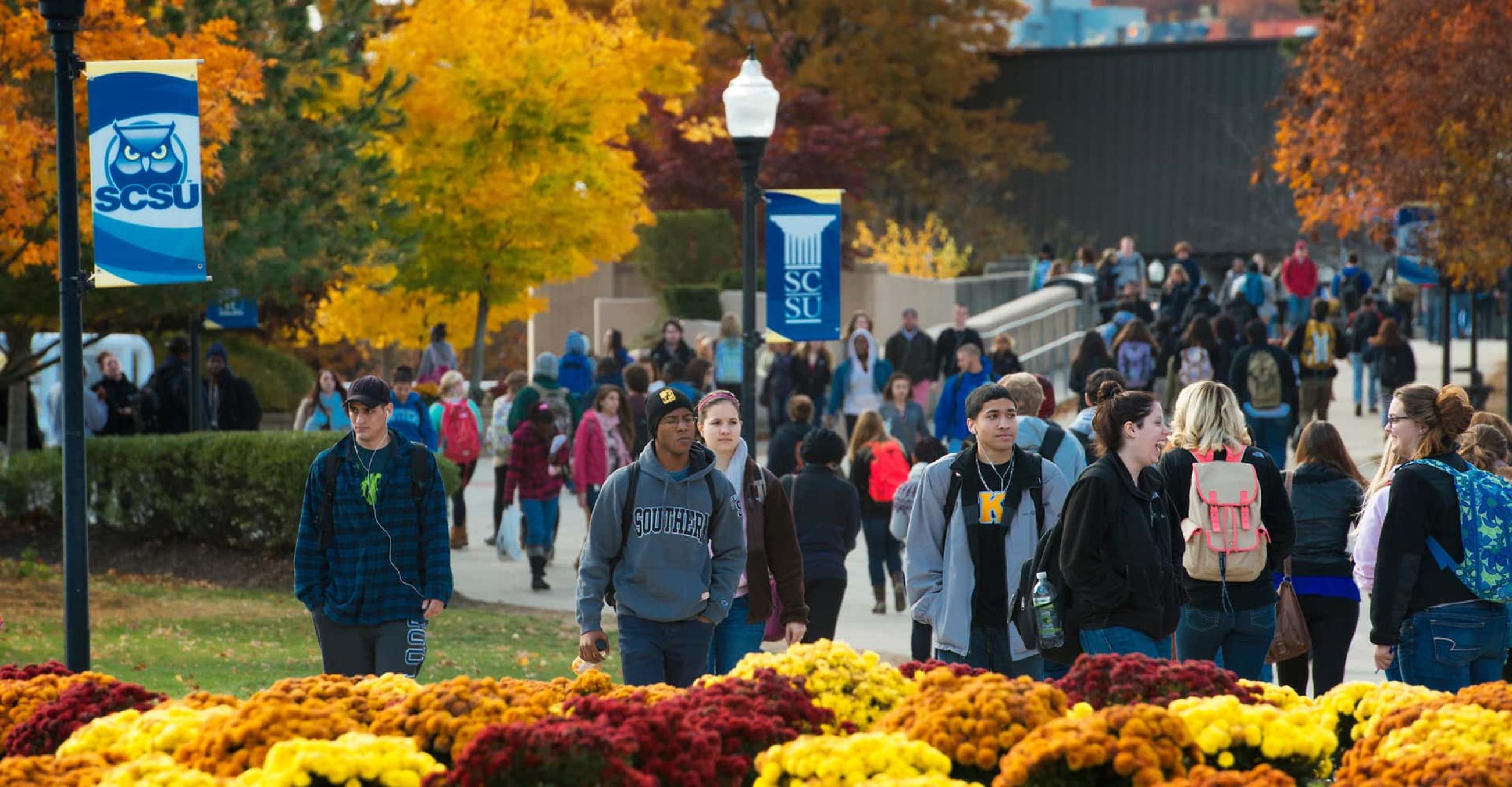 students walk on campus with colorful autumn leaves on all the trees around them