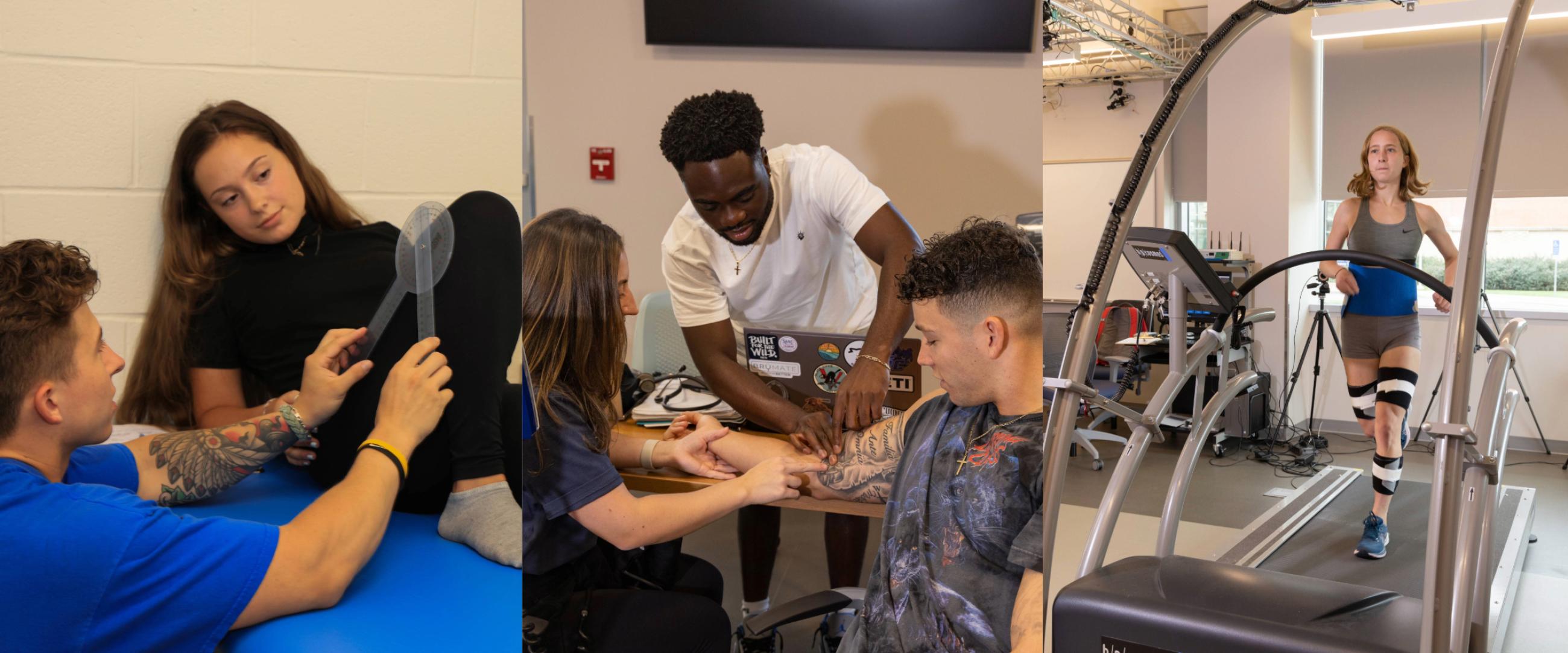 Collage of students performing tests including gait analysis