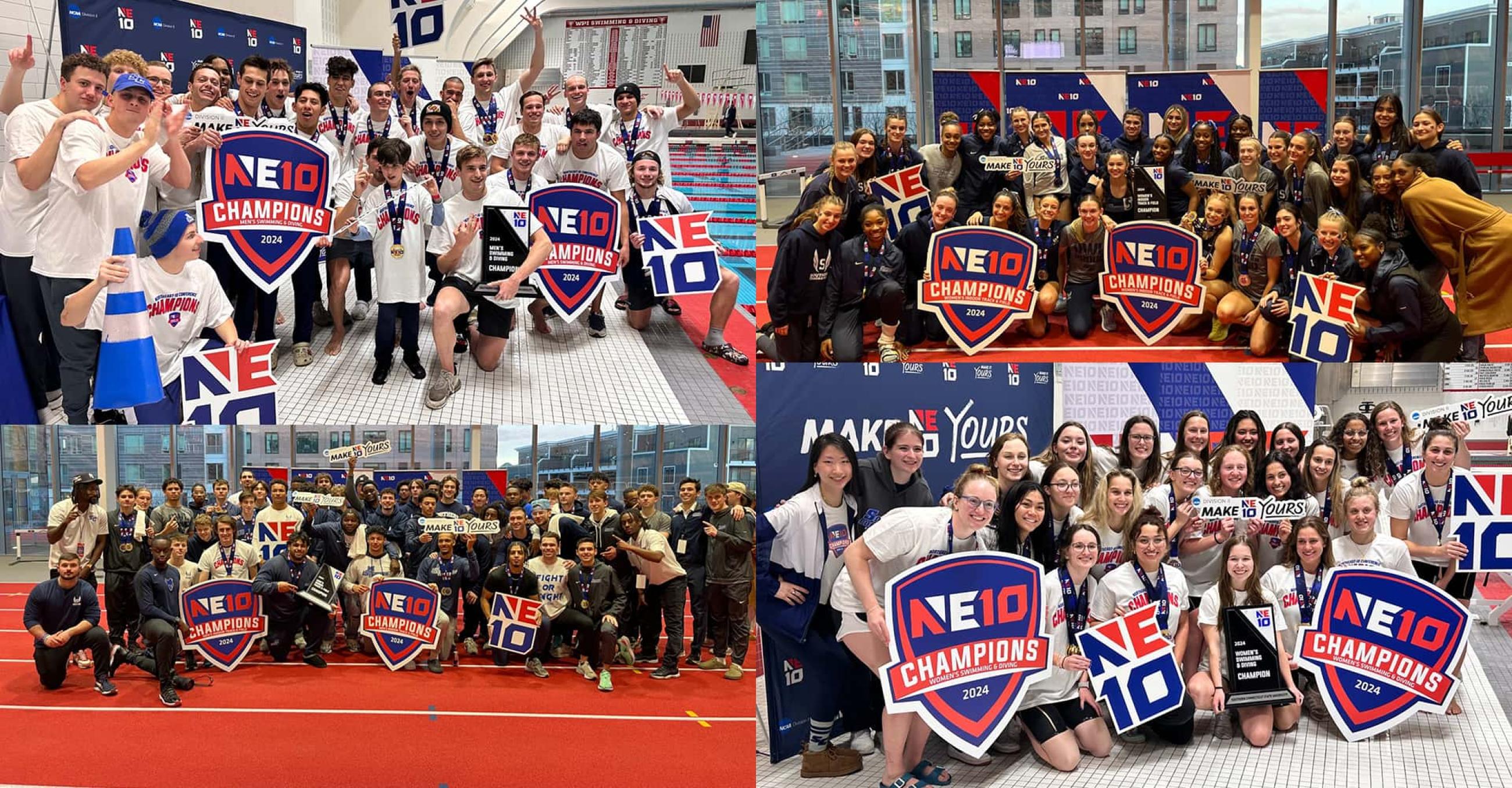 a collage of 4 photos depicting the women’s and men’s swimming and diving and track and field teams after they won their respective championships