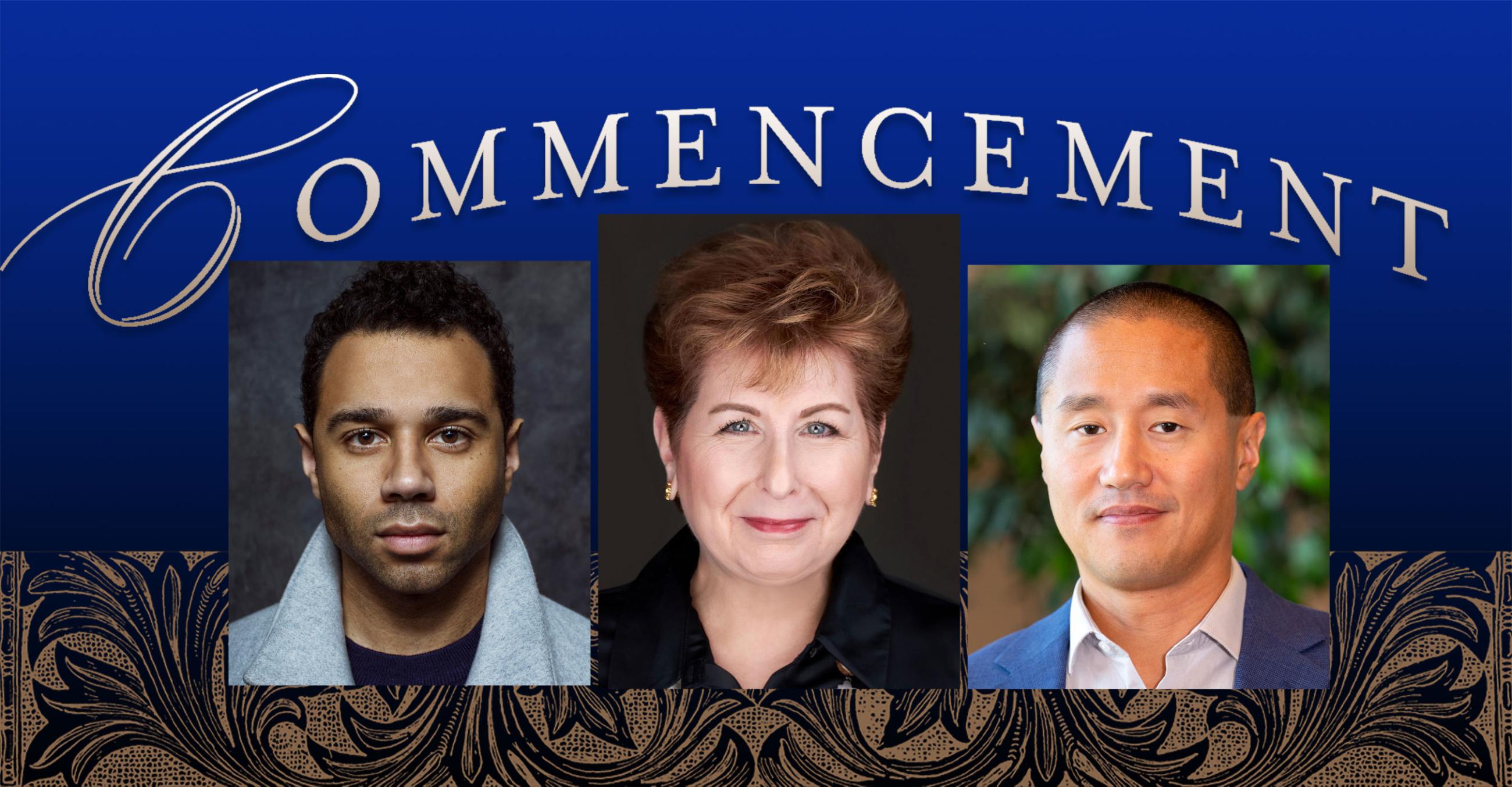 Left to right: actor and singer Corbin Bleu; Robin Kanarek, recipient of the Honorary Doctor of Humane Letters; and Ted Yang, member of the Connecticut Board of Regents for Higher Education