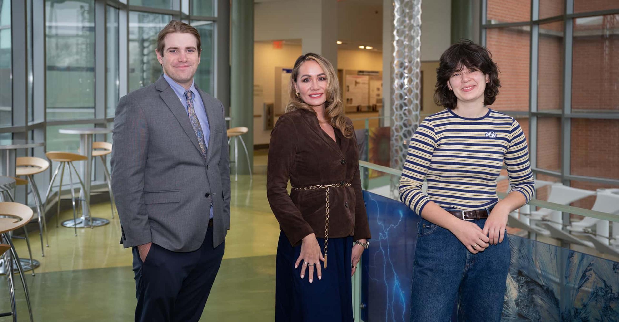 Aaron Radulski, environmental systems and sustainability major; Dr. Miriah Kelly, associate professor of environmental science; and Daisy Everingham, M.S. student in coastal resilience 