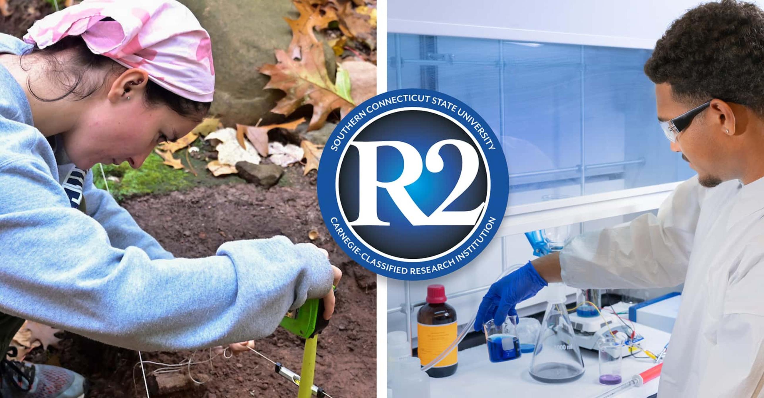 two side-by-side photos: one of a student working at an archaeological dig and one of a student working in a science lab; the university's R2 logo is superimposed over the two photos
