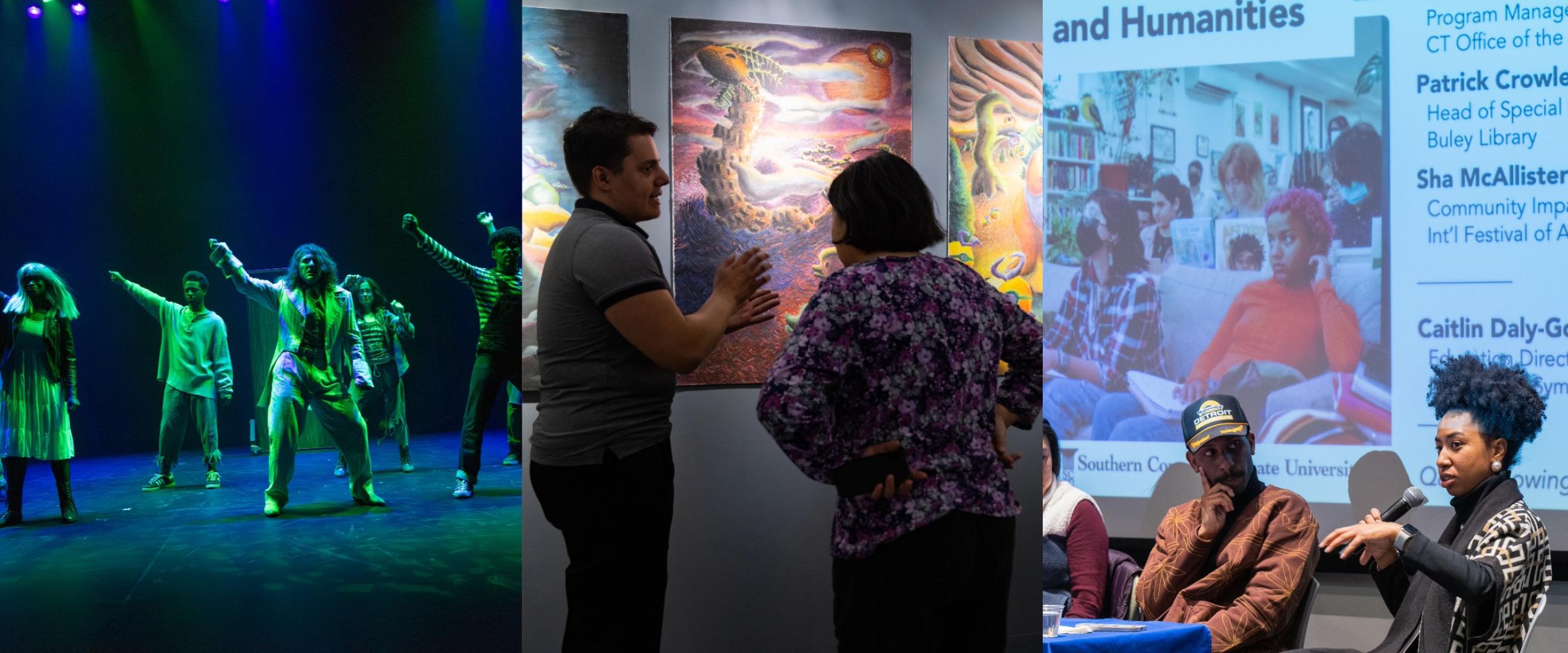 Hero collage of theatre, art museum, and arts discussion