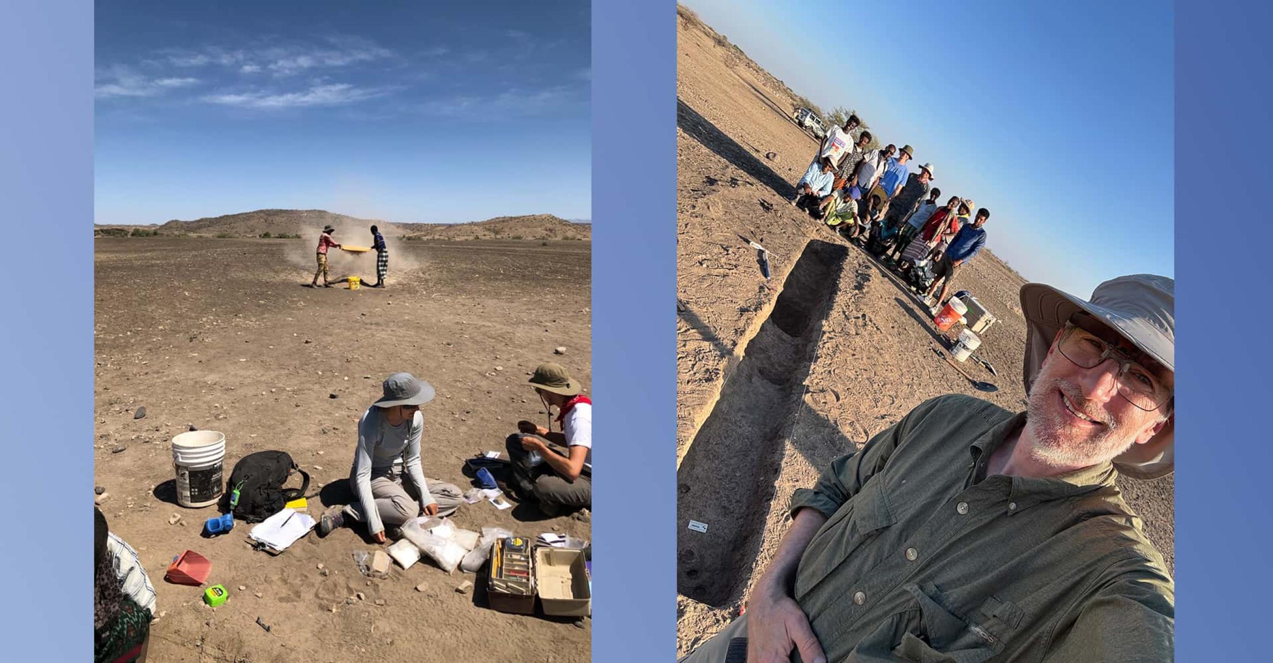 two side-by-side photos of a group of people working at a dig site in Gona, Ethiopia