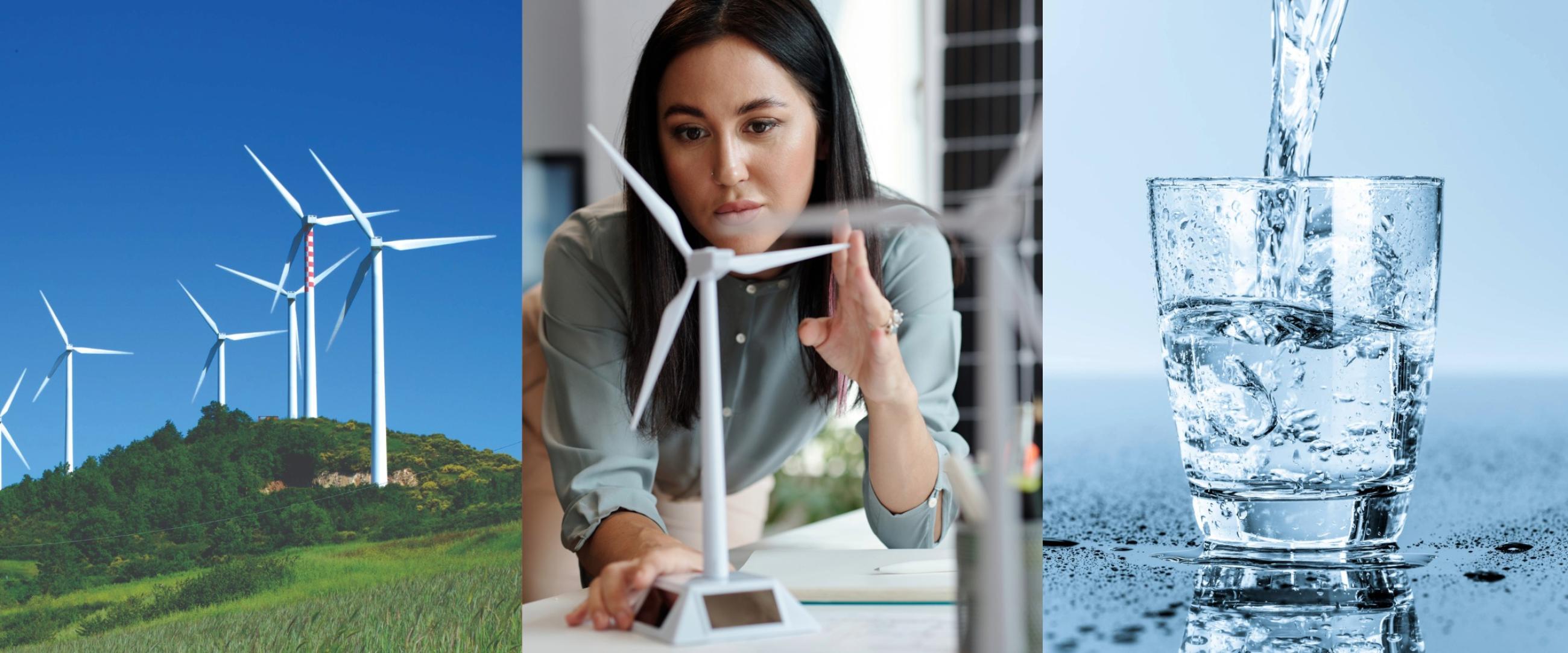 Wind turbine, woman with wind turbine model, water filling up a drinking glass