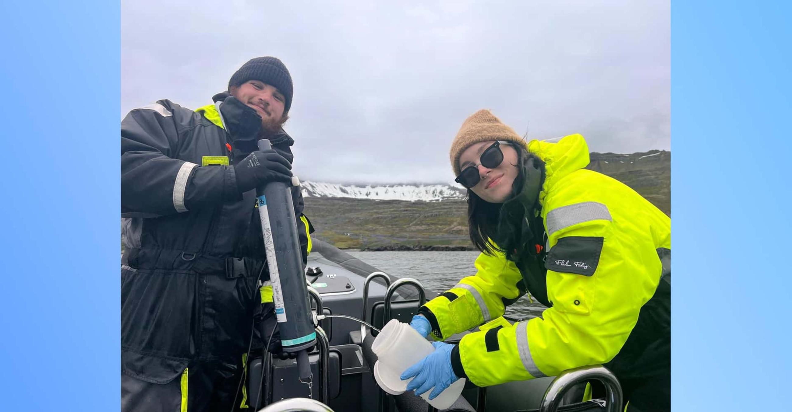Southern student researchers Dan Schwartz and Payge Lenhart work together on a boat