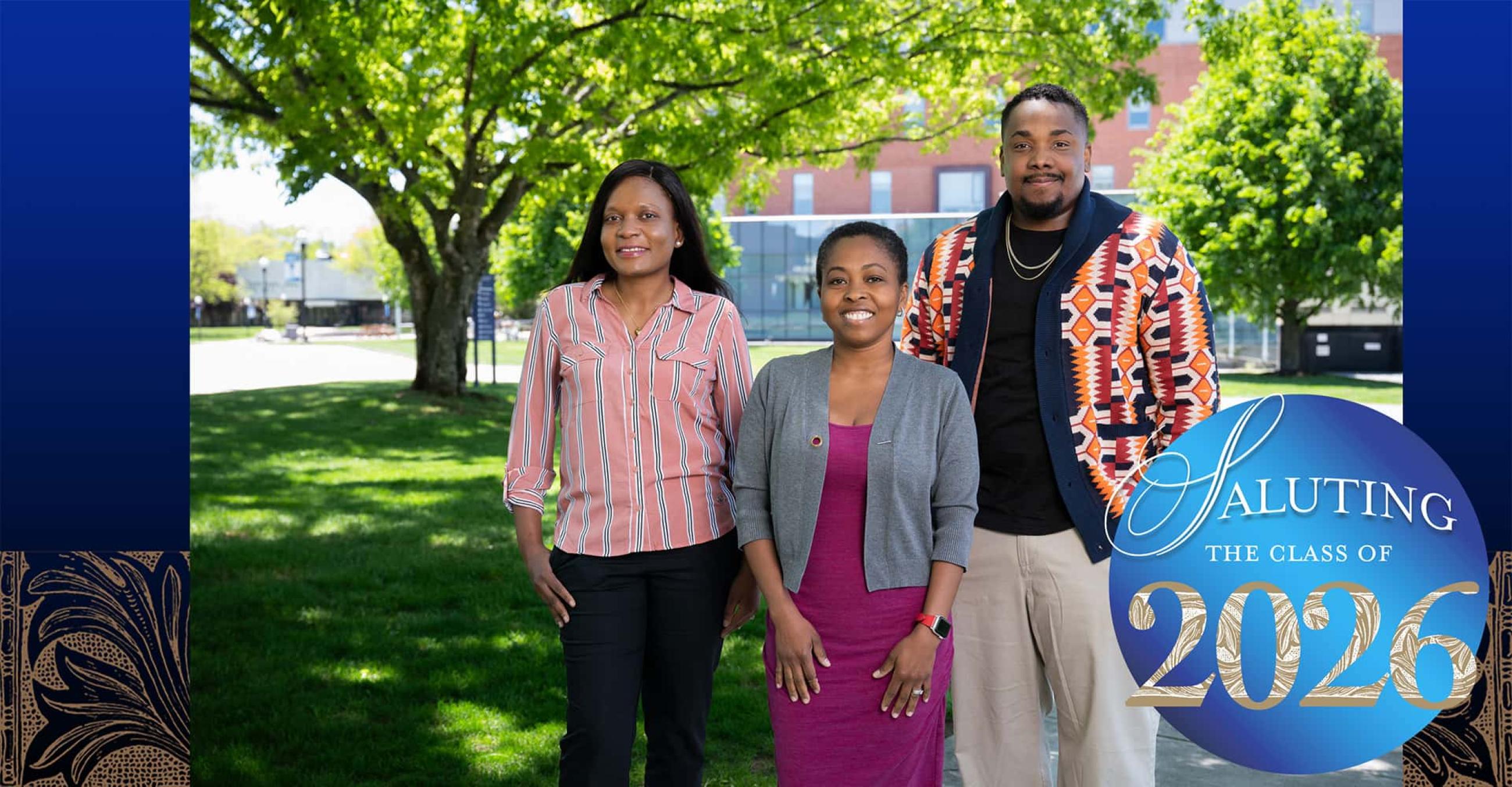 Left to right: Portia Fredua-Agyemang, Neka Eells, and Jamal Porter, among the first students to graduate from the university’s new STEM Doctor of Business Administration program