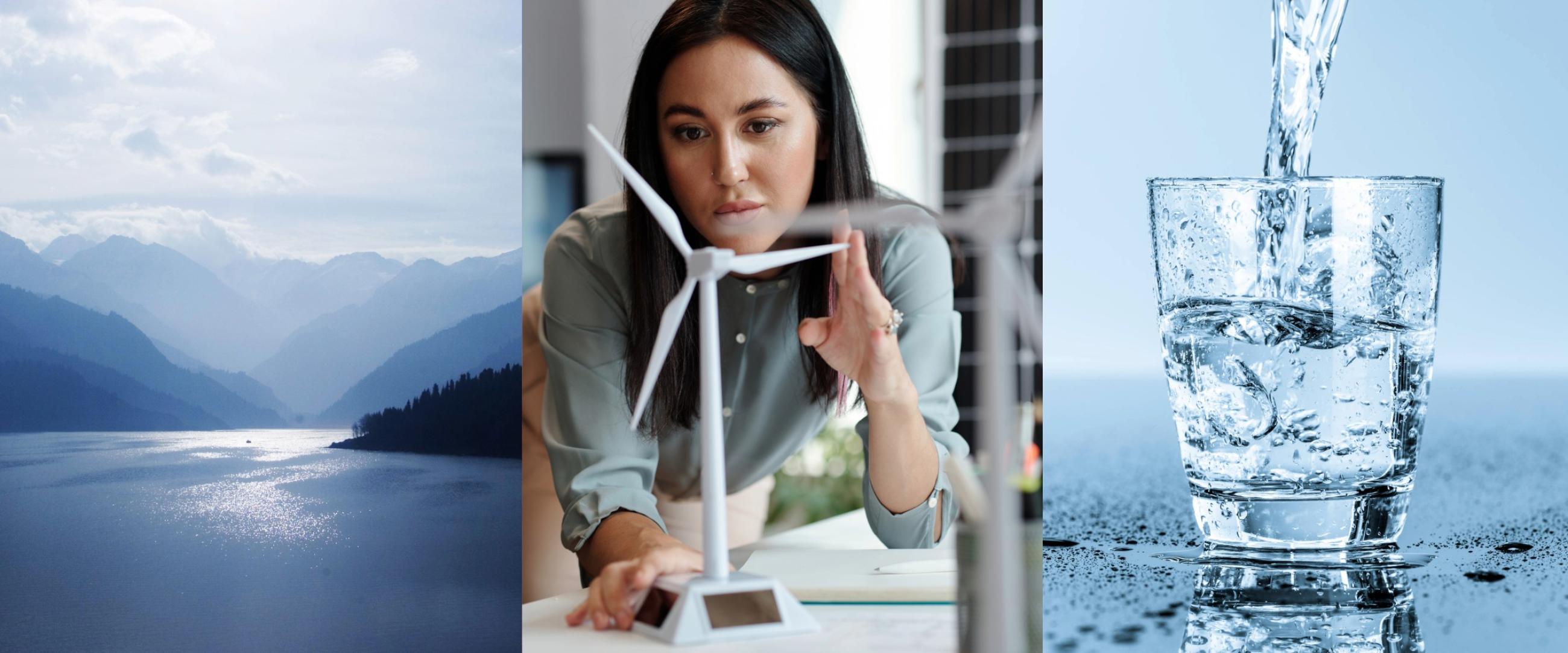 Lake, woman with wind turbine model, water filling up a drinking glass