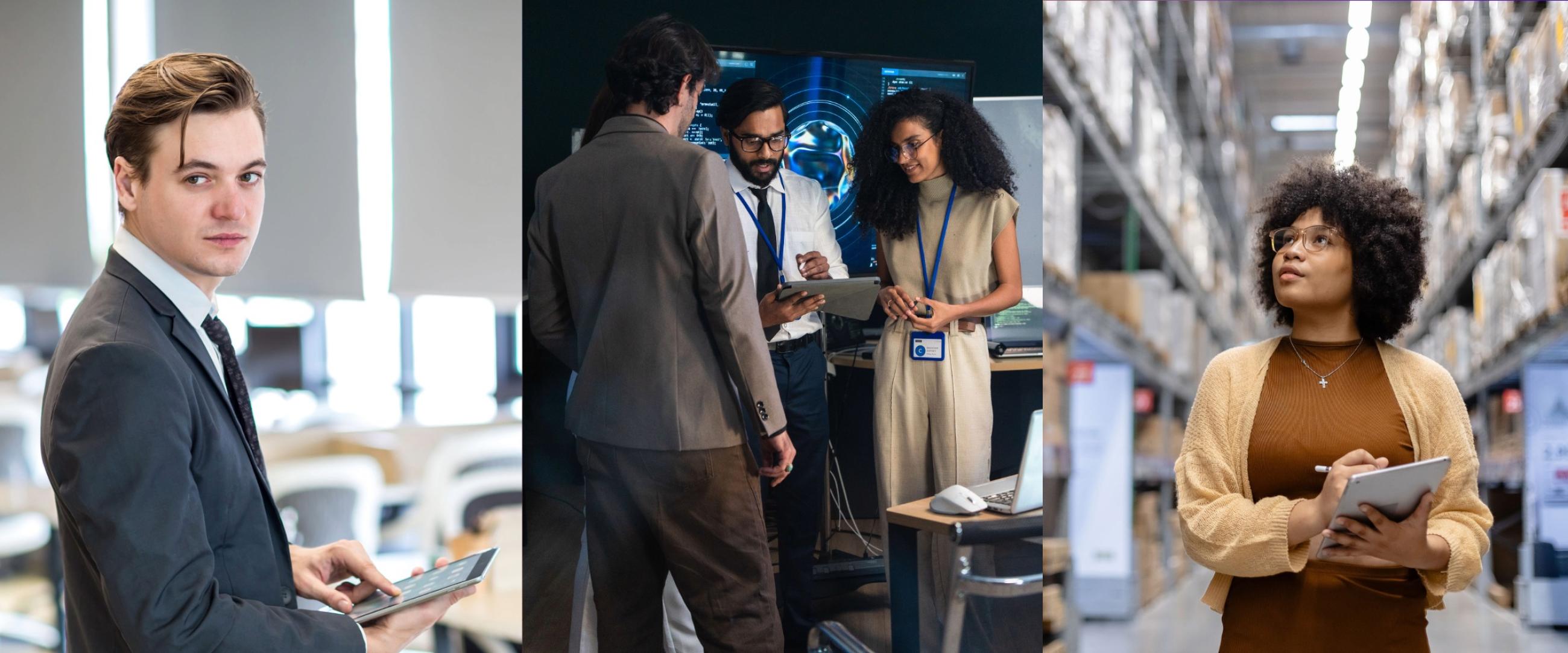 Collage of business professionals reviewing tablet dashboards including a woman reviewing supply at a warehouse