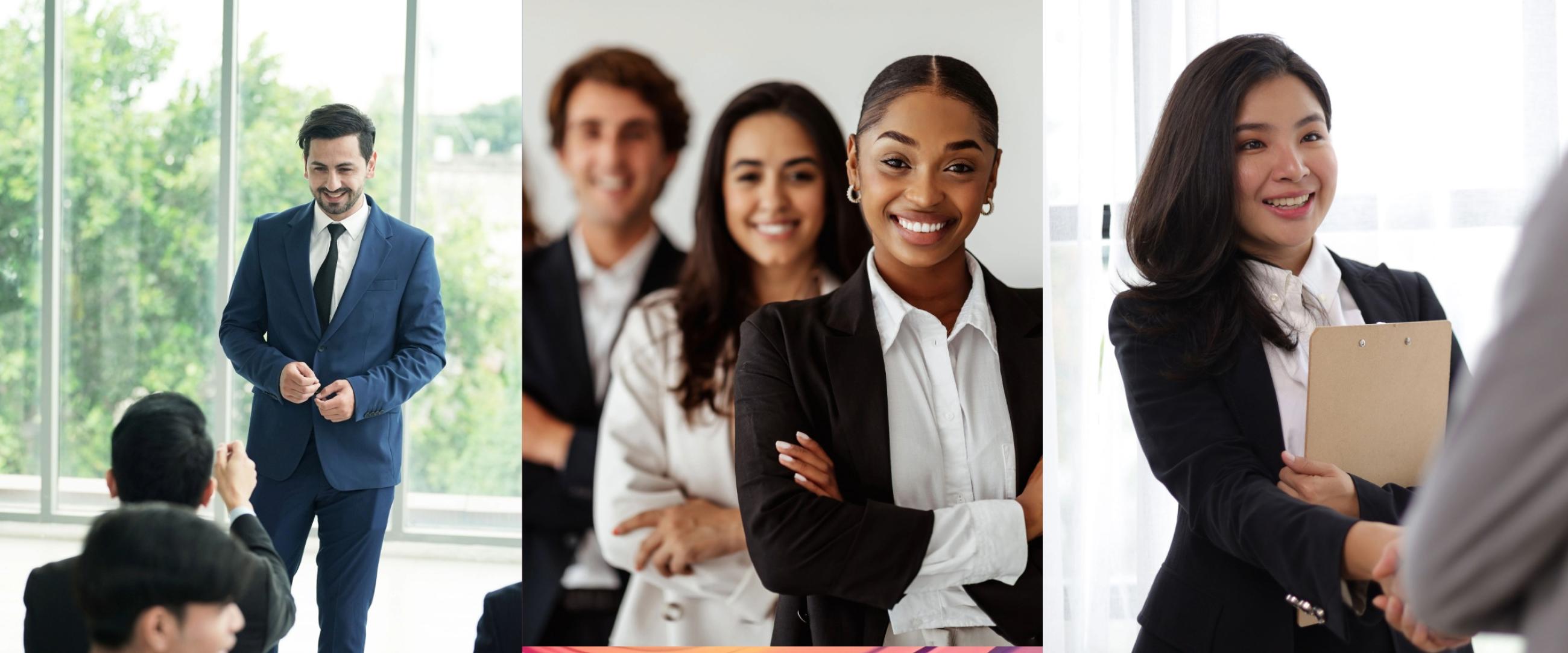 Collage including man giving a presentation, staff, and a human resource professional shaking hands