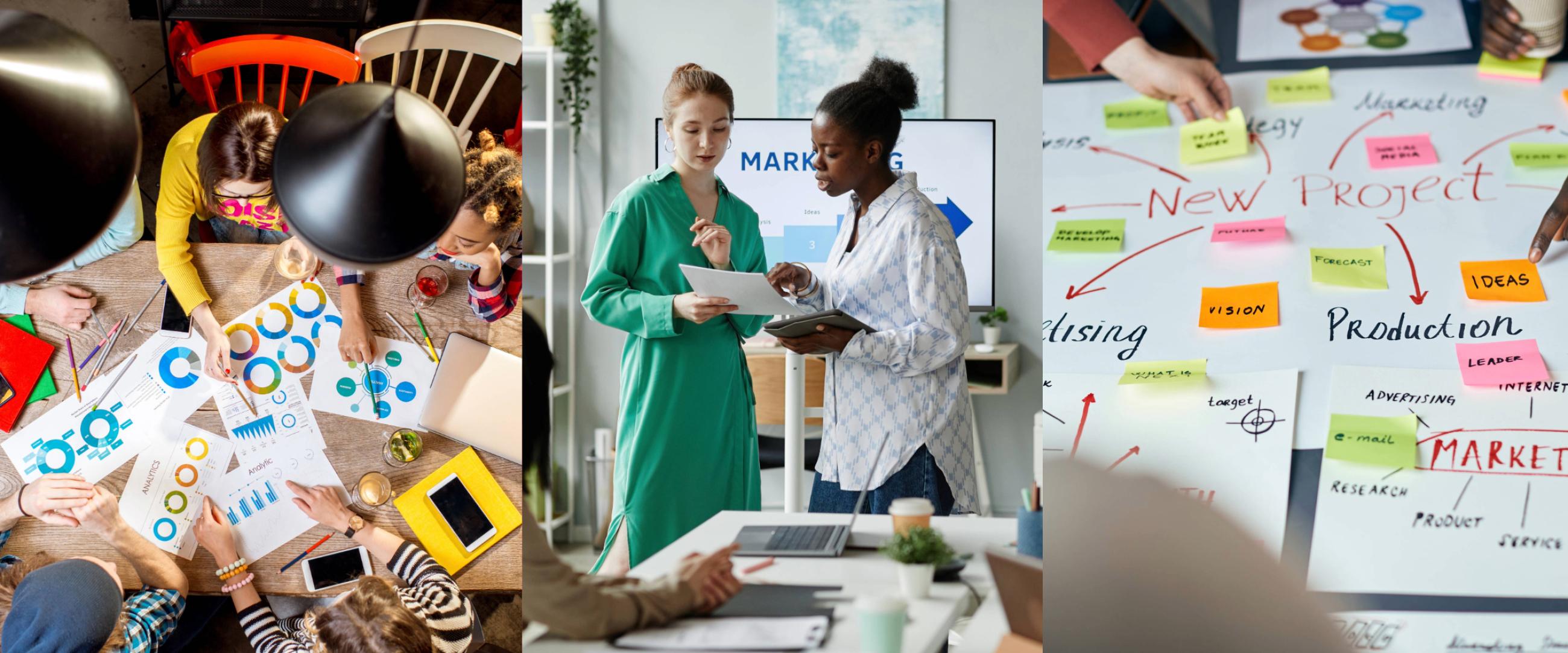 Collage of marketing discussions and reviewing graphs