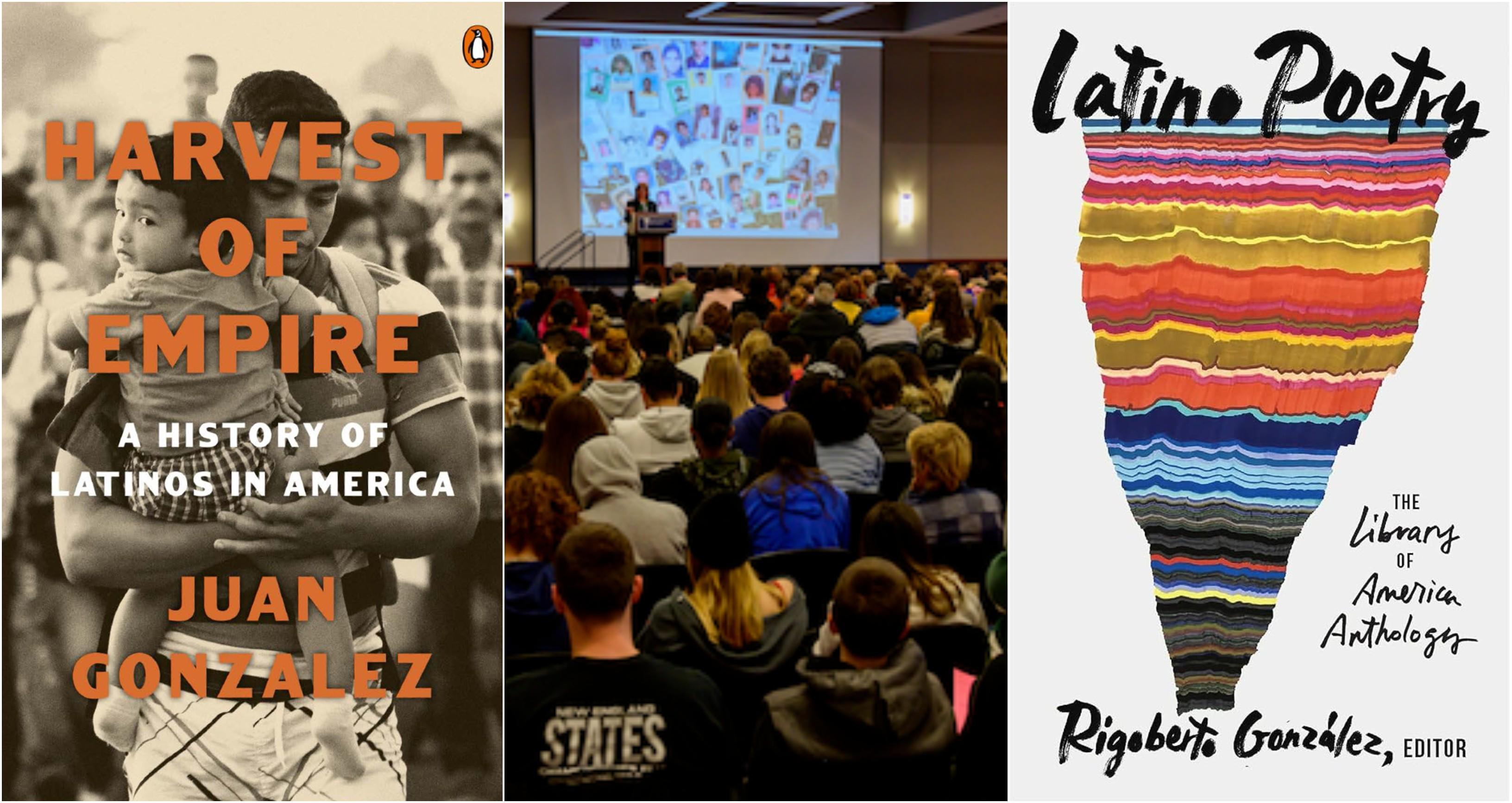 Three image collage; Harvest of Empire book cover, a seminar, and Latino Poetry book