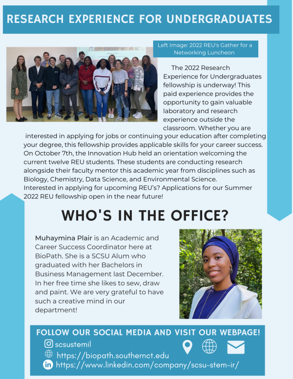 A picture of Research experience for undergrads offered from the university and a snapshot of who's in the office