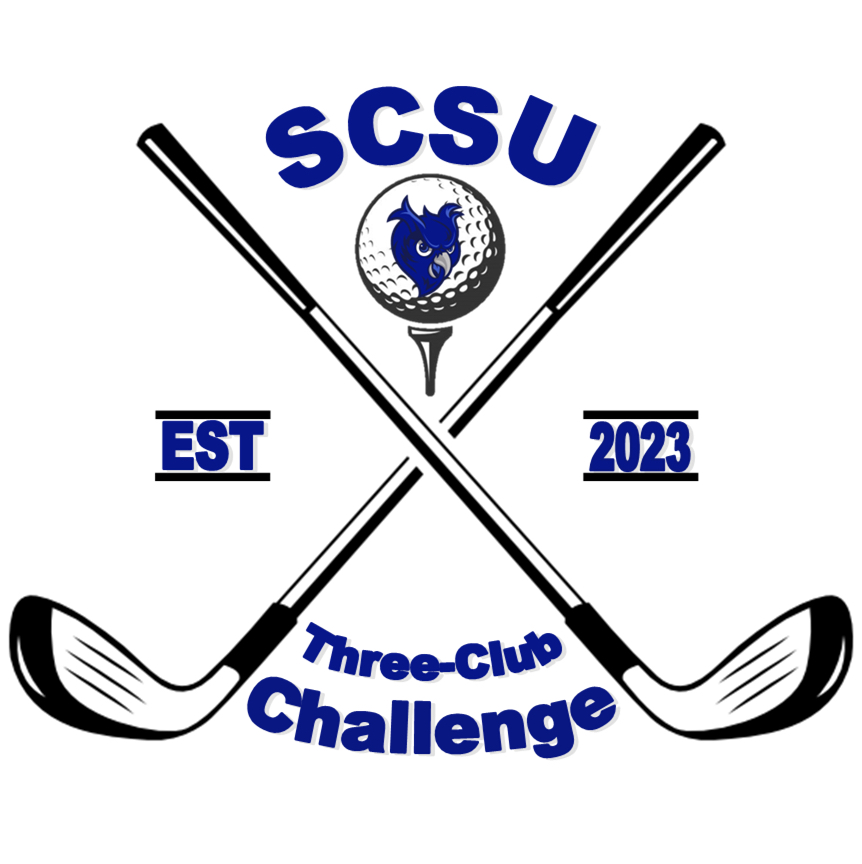 A logo with a pair of golf clubs and SCSU Three Clubs Challenge, EST 2023